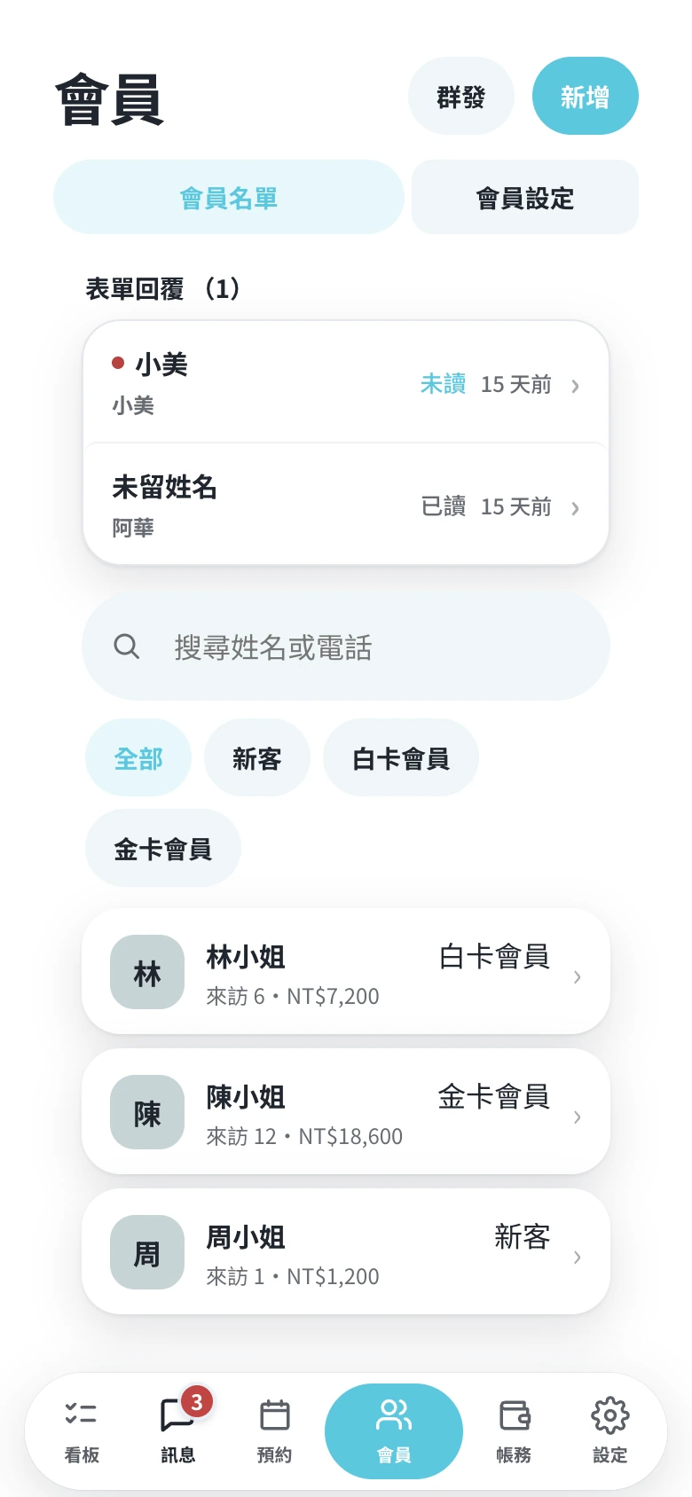 商家後台會員名單，含新客待聯繫卡片與會員分類